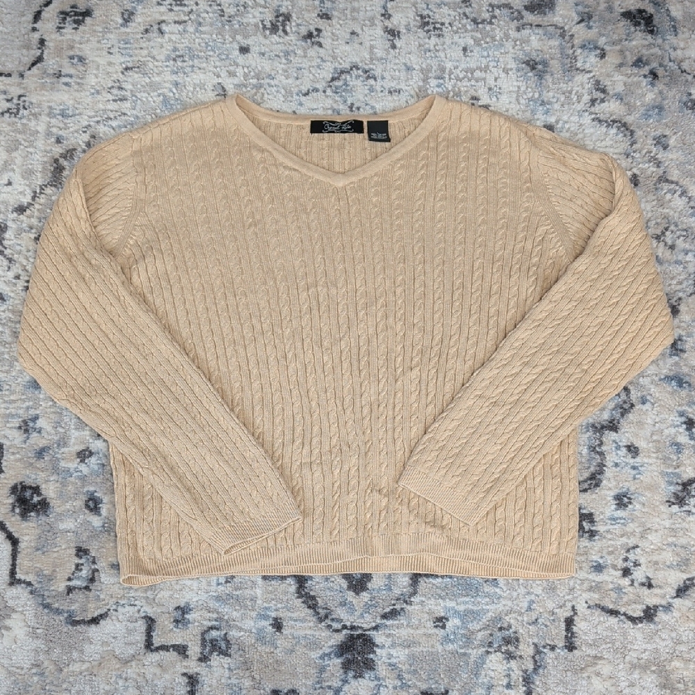 Crystal Kobe Cable Knit Sweater Beige Cotton V-Neck Long Sleeve Size L